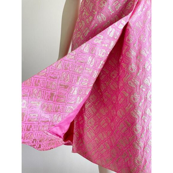 Richard Kaplan 1960s Pink Gold Metallic Thread Belted Vintage Shift Dress Sz 10 - Picture 15 of 16